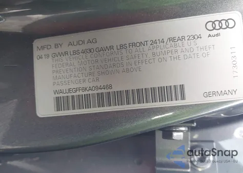 2019 Audi A3 45 Premium z USA, uszkodzony, nr VIN WAUJEGFF6KA094468